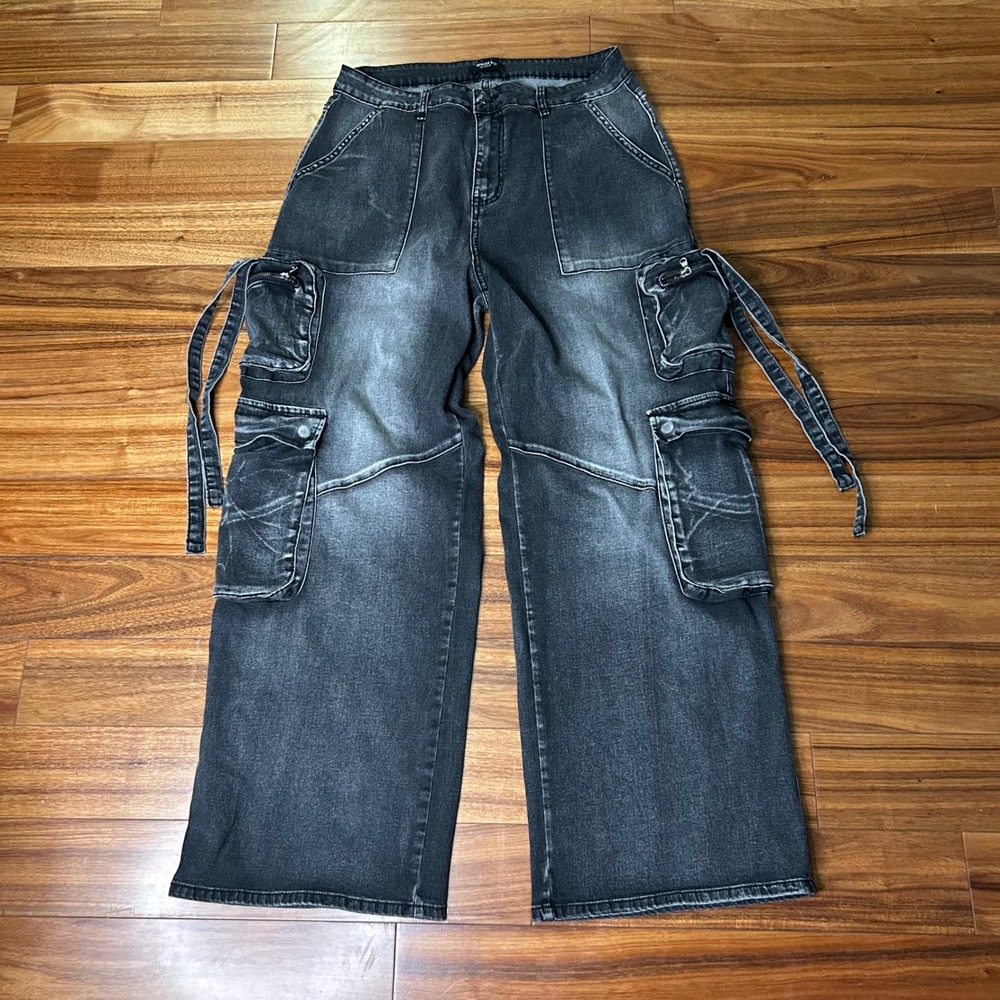 American Bazi Womens 1X skater Jeans Black wash Wide Leg Strappy RJH-30635P